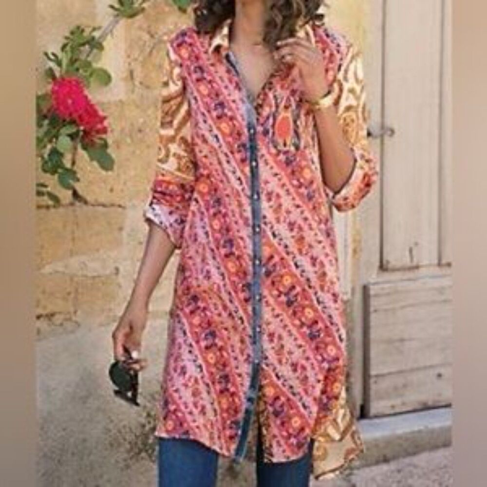 Soft Surroundings Brynn Boho Paisley Print Velvet Silk Trim Tunic Top Large H261 - Picture 2 of 11